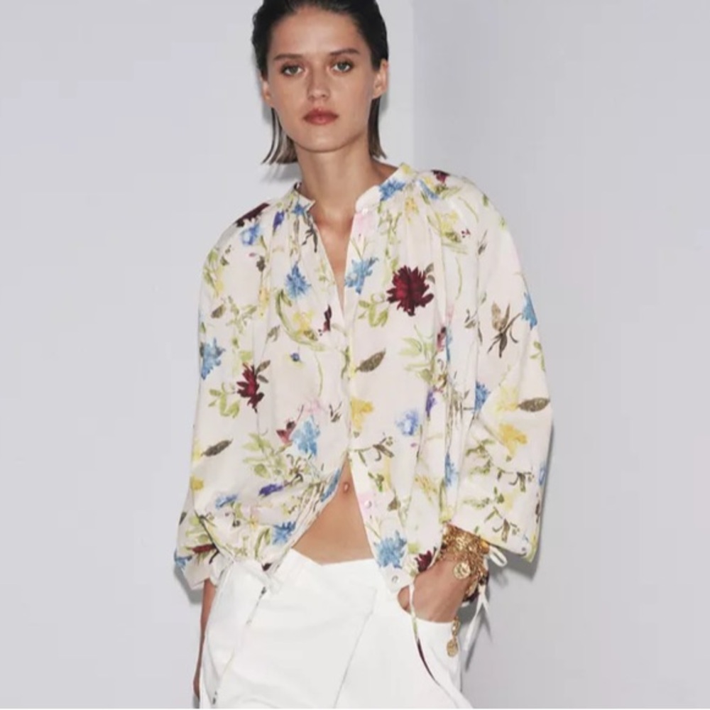 Zara Woman Collection Cotton floral print  mandarin collar long sleeves, Medium